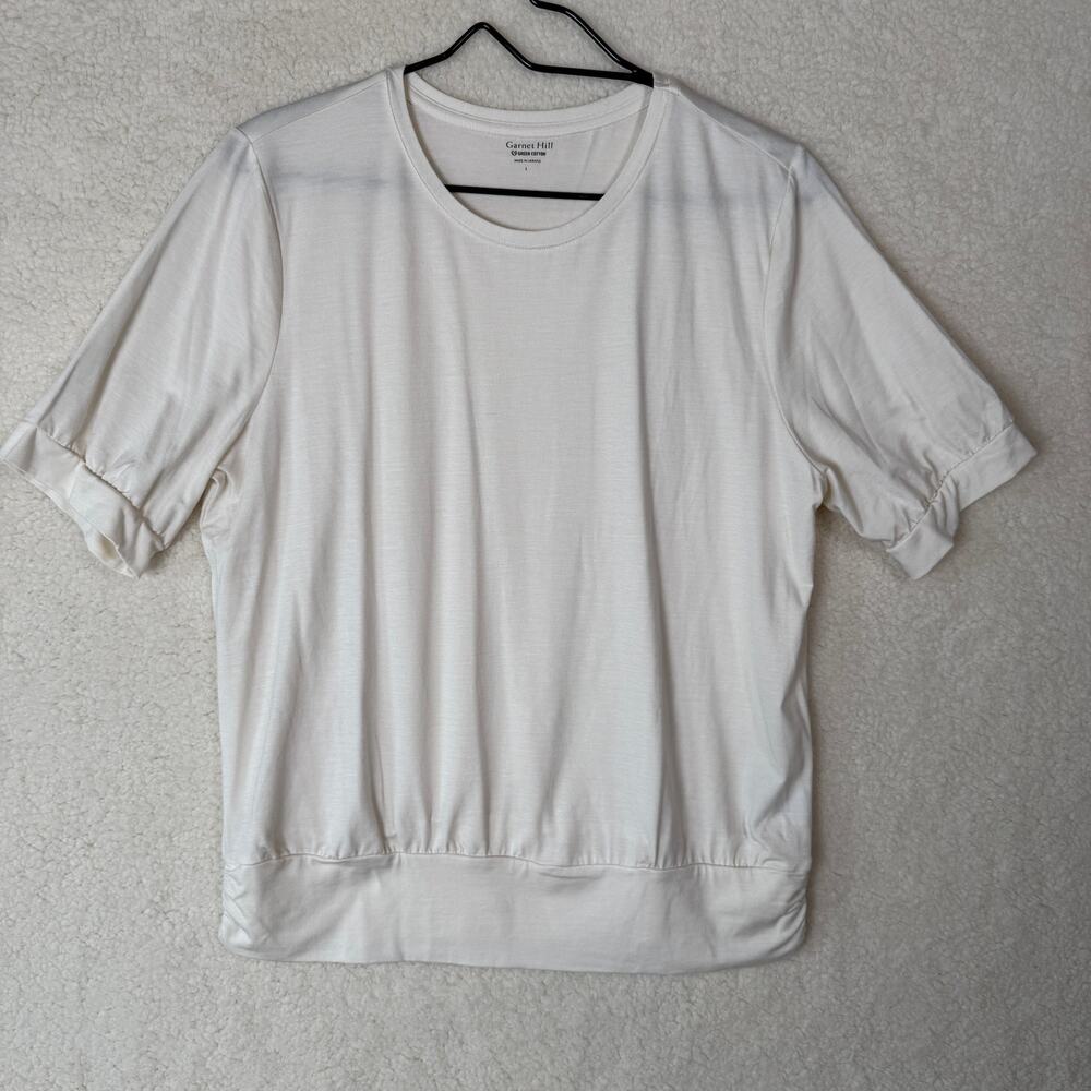 Garnet Hill Womens L Green Cotton Top Tee Versatile Soft Knit Relaxed Cuffed‎